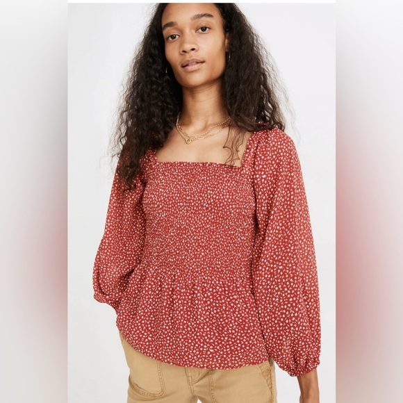 Madewell Tops - MADEWELL Re)sourced Georgette Lucie Smocked Peplum Top in Batik Vine size 8